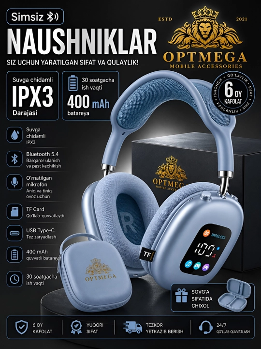 Беспроводные наушники P9 Bluetooth с экраном, микрофон, басс, поддержка SD и AUX OPTMEGA - 
