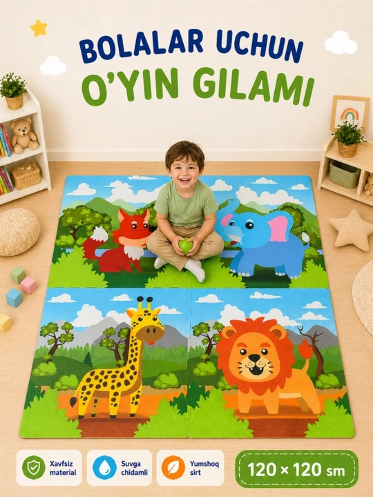 Bolalar uchun o‘yin gilami hayvonlar dizayni 120×120 sm - 