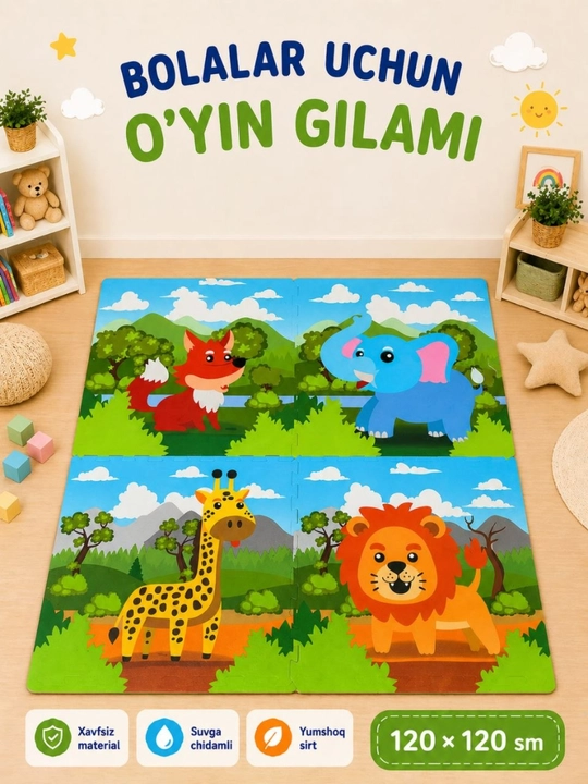 Bolalar uchun o‘yin gilami hayvonlar dizayni 120×120 sm