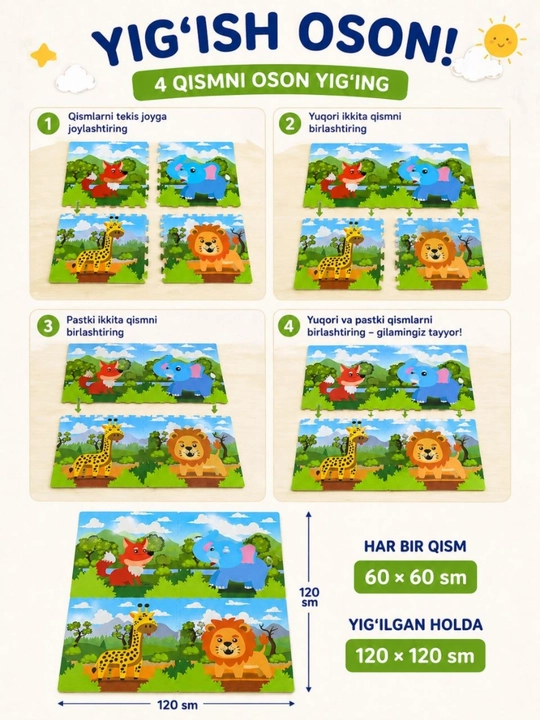 Bolalar uchun o‘yin gilami hayvonlar dizayni 120×120 sm