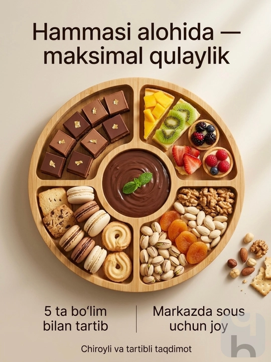 Bambukli menajnitsa 5 bo'limli dumaloq 30 sm yong'oq, shirinlik va gazaklar uchun DB-19-12