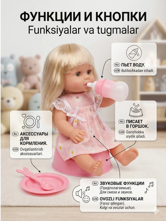 Interaktiv qo‘g‘irchoq Baby Toby, ichadi va hojat qiladi, set bilan