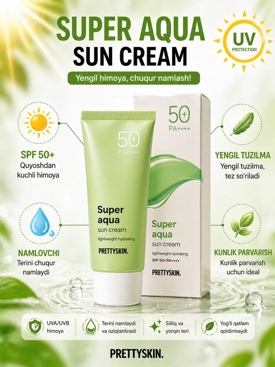 Pretty Skin Yuz uchun namlovchi, quyoshdan himoyalovchi krem SPF50+ PA+++ 4 xil, 70 ml