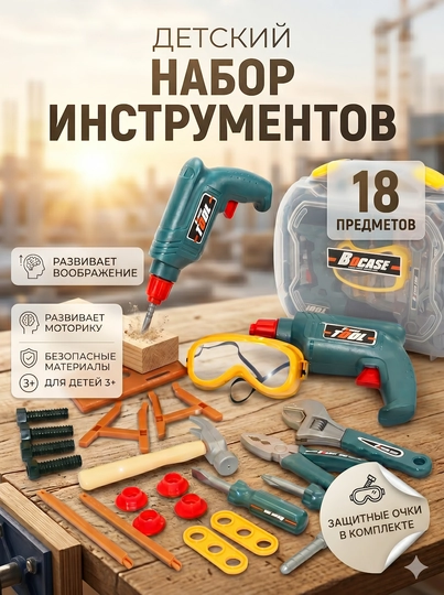 Набор инструментов для детей, игрушечная дрель, 3+, tools set — LIONKID-USANABORBOCASE86