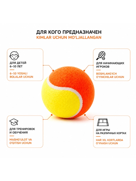 Детские теннисные мячи Stage 2 (оранжевые, набор 3 шт)