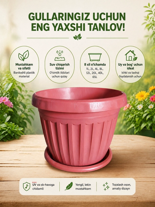 Gullar uchun plastik tuvak 1,2,4,8,12,20,40,65 litr