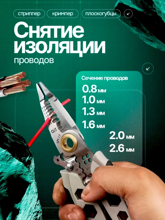 Yassi qisqich, ombur, sim qoplama yechgich va kesgichlardan iborat 16 funksiyali asbob