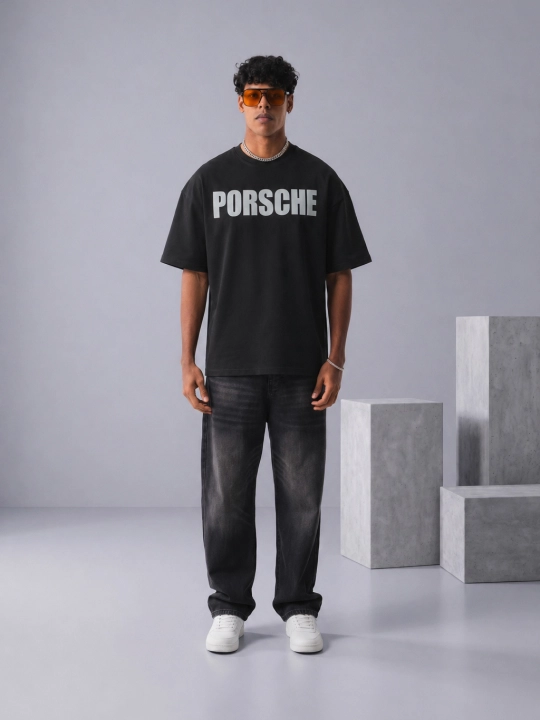 Uniseks oversize futbolka, qisqa yengli, printli, yoz va kuz uchun — PORSCHE