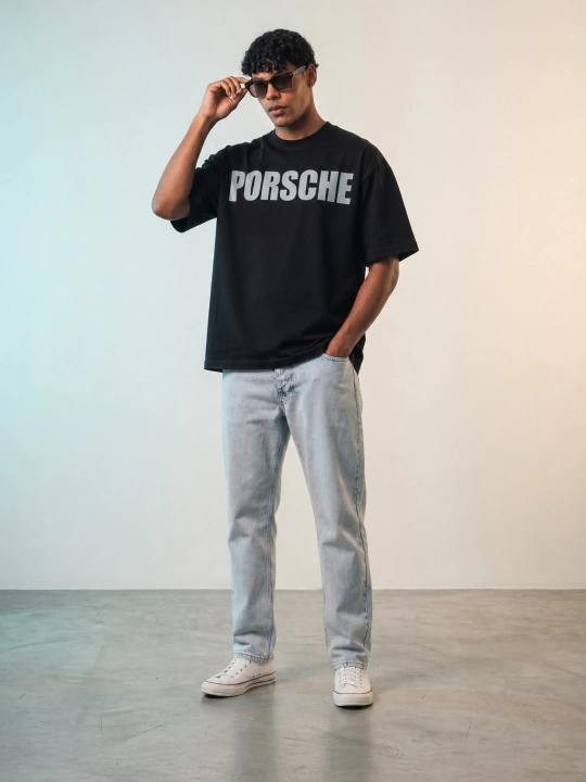 Uniseks oversize futbolka, qisqa yengli, printli, yoz va kuz uchun — PORSCHE