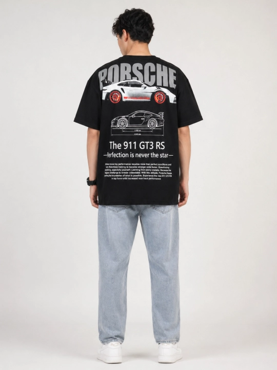 Uniseks oversize futbolka, qisqa yengli, printli, yoz va kuz uchun — PORSCHE