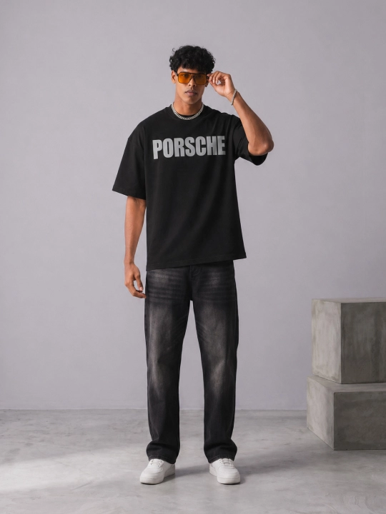 Uniseks oversize futbolka, qisqa yengli, printli, yoz va kuz uchun — PORSCHE
