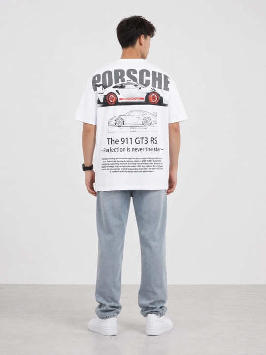 Uniseks oversize futbolka, qisqa yengli, printli, yoz va kuz uchun — PORSCHE