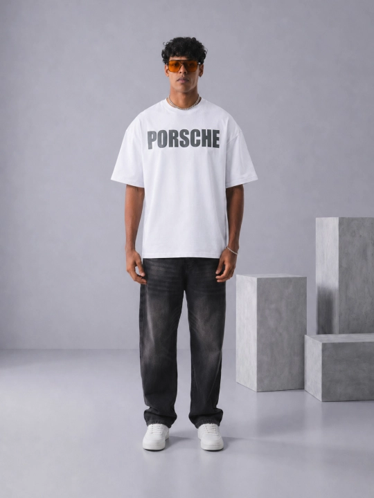 Uniseks oversize futbolka, qisqa yengli, printli, yoz va kuz uchun — PORSCHE