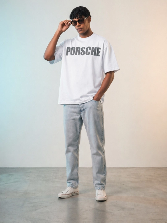 Uniseks oversize futbolka, qisqa yengli, printli, yoz va kuz uchun — PORSCHE