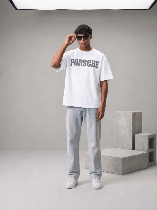 Uniseks oversize futbolka, qisqa yengli, printli, yoz va kuz uchun — PORSCHE