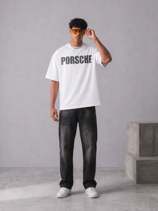 Uniseks oversize futbolka, qisqa yengli, printli, yoz va kuz uchun — PORSCHE