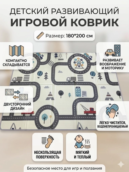 Развивающий детский коврик, игровой, складной, двусторонний, 180*200см
