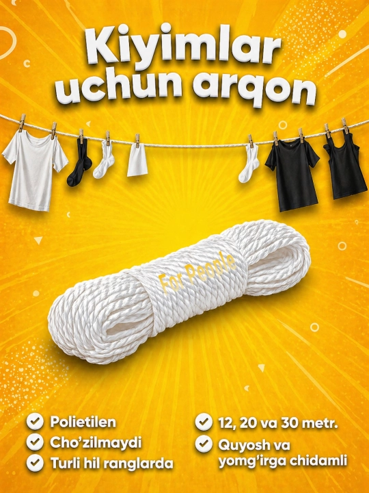 Kiyimlarni quritish va yuklarni bog'lash uchun Neylon arqon 12, 20 va 30m