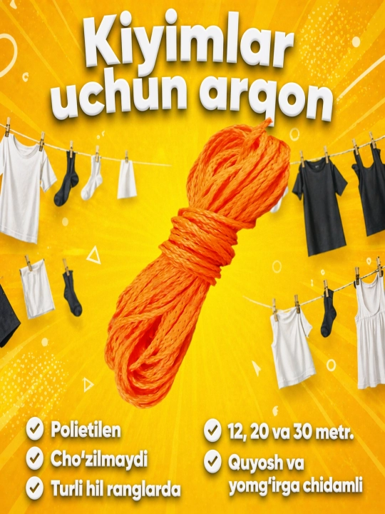 Kiyimlarni quritish va yuklarni bog'lash uchun Neylon arqon 12, 20 va 30m - 