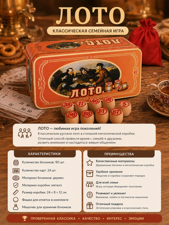 Русское лото, настольная игра для всей семьи, 24 карты, 90 бочонков