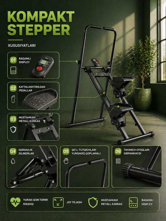 Stepper trenajor uy uchun, oyoq va press mashqi