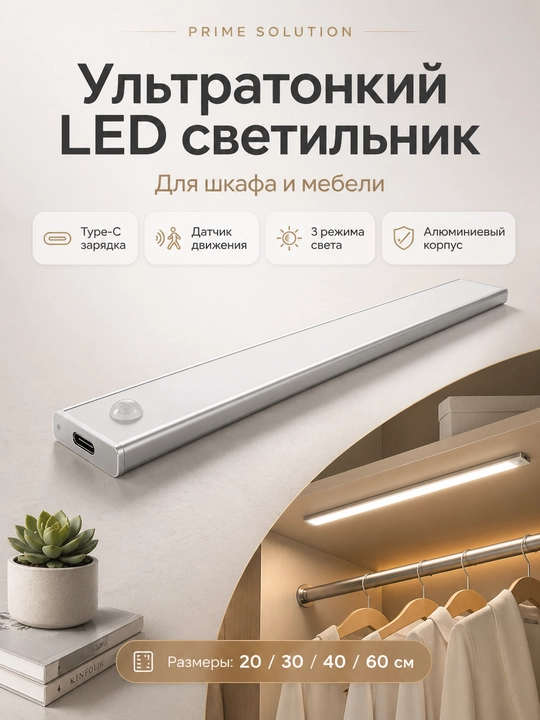 TypeC orqali quvatlanadigan ultrayupqa LED shkaf chirog'i, harakat sensori bilan, 20-60 sm - 