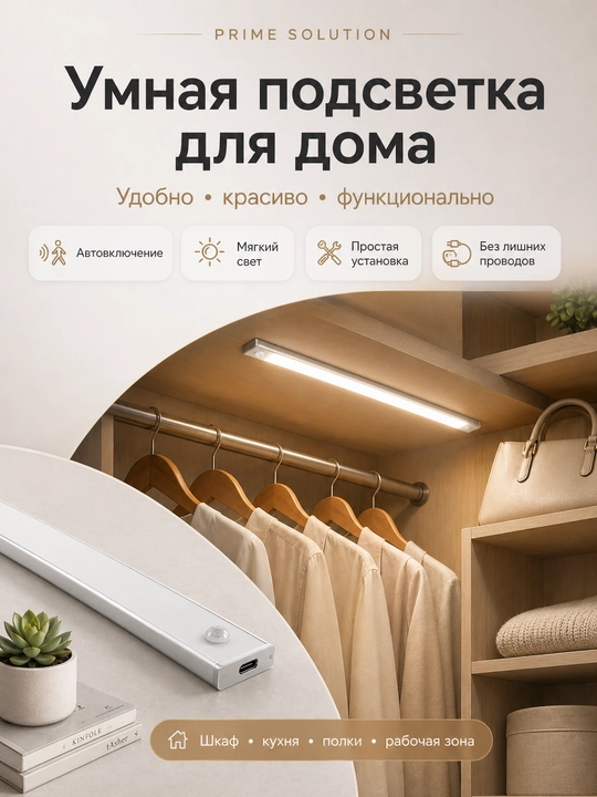 TypeC orqali quvatlanadigan ultrayupqa LED shkaf chirog'i, harakat sensori bilan, 20-60 sm