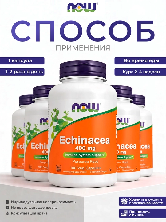 Эхинацея 400 мг NOW Supplements, поддержка иммунной системы, 100 капсул, Халяль