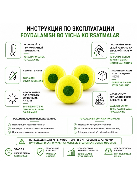 Детские теннисные мячи Stage 1 (зелёная точка, набор 3 шт)