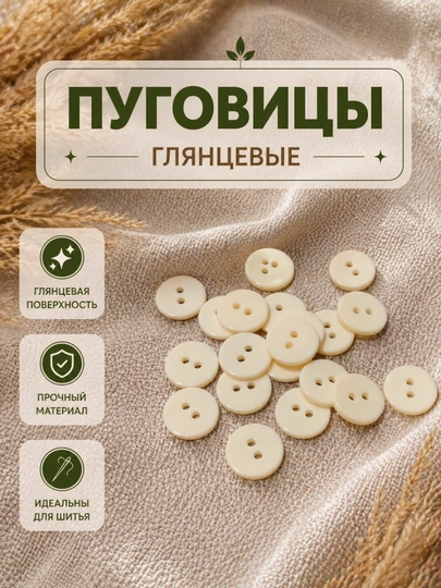 Пуговицы пластиковые, 2 прокола — РУКОДЕЛ-PUGOVGL-КРЕМОВ-11MM