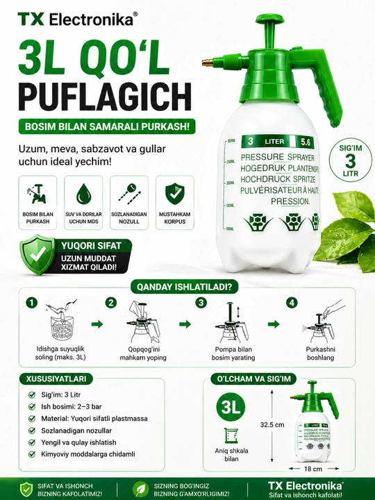 Suv purkagich, bosimli bog‘ purkagichi, o‘simliklar va uy uchun suv sepish idishi 2L/3L