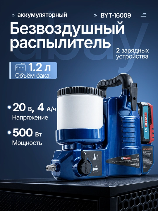 Безвоздушный краскопульт Biyoti аккумуляторный: 20В, 500Вт, 2000 Psi (арт. BYT-16009) - 