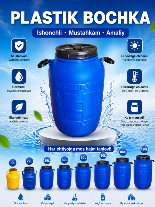 Suv, oziq-ovqat va sanoat uchun universal plastik bochka - 