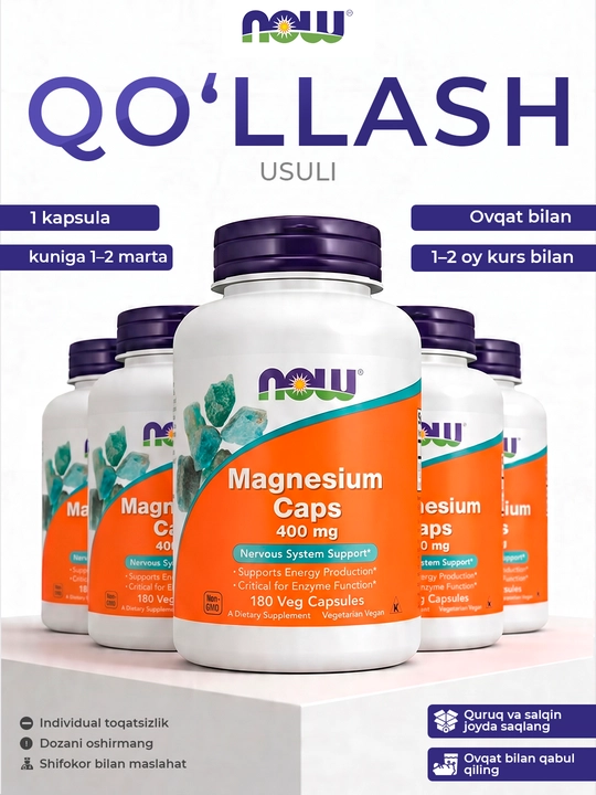 NOW Foods Magniy mushaklar va asab tizimini qo'llab quvvatlash uchun 400 mg, 180 kapsula