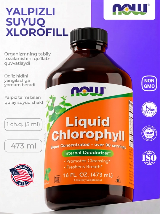 NOW Foods Yalpizli suyuq xlorofill, har bir tomchisida detoks va energiya, 473 ml - 