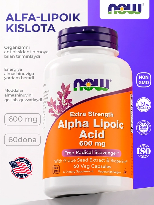 Now Foods Alfa-lipoik kislota 600 mg, 60 kapsula, Halol - 