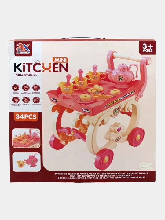 G'ildirakli aravachada choy to'plami Mini Kitchen Tableware Set, 34 dona