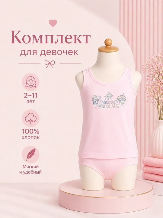 Детский комплект нижнего белья для девочек – майка и трусики,от 2 до 11 лет 100% хлопок - 