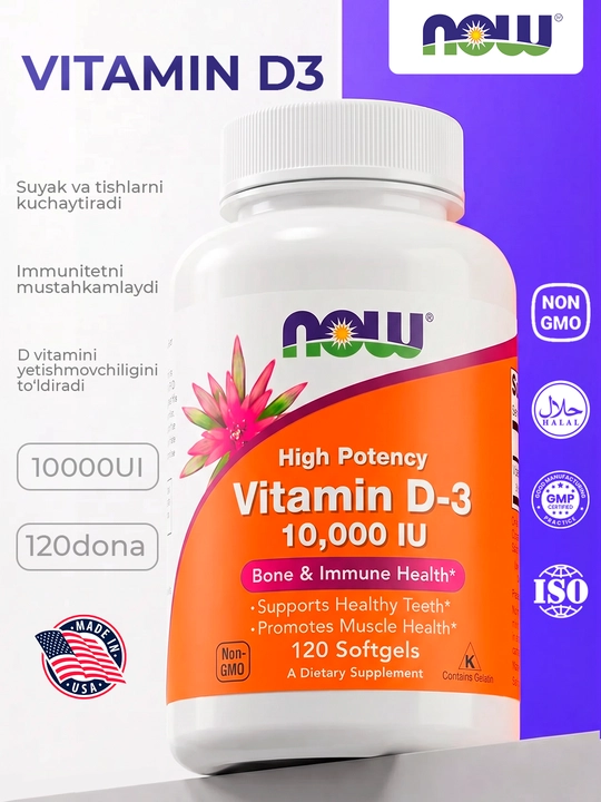 NOW Foods, Vitamin D3 2000 ME, 5000 ME, 10000 ME yumshoq kapsulalar, Halol
