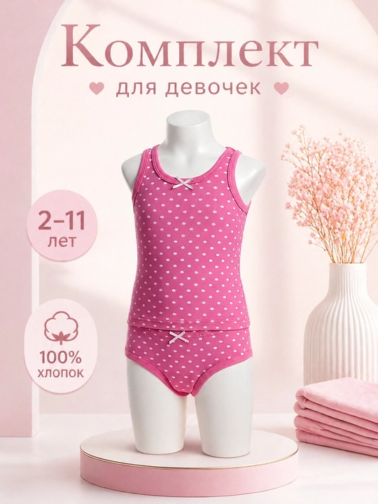 Детский комплект нижнего белья для девочек – майка и трусики,от 2 до 11 лет 100% хлопок - 
