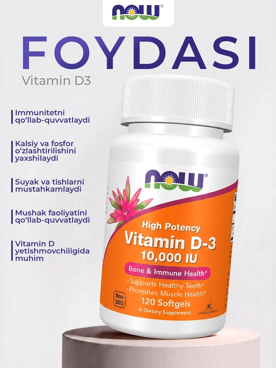 NOW Foods, Vitamin D3 2000 ME, 5000 ME, 10000 ME yumshoq kapsulalar, Halol