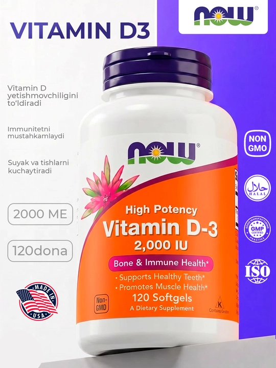 NOW Foods, Vitamin D3 2000 ME, 5000 ME, 10000 ME yumshoq kapsulalar, Halol