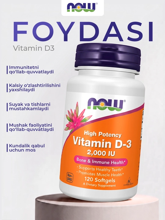 NOW Foods, Vitamin D3 2000 ME, 5000 ME, 10000 ME yumshoq kapsulalar, Halol