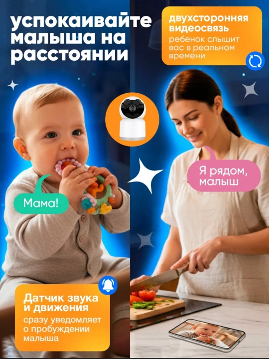Wi-Fi камера видеонаблюдения с ночным видением, поворотом 360, датчиком движения