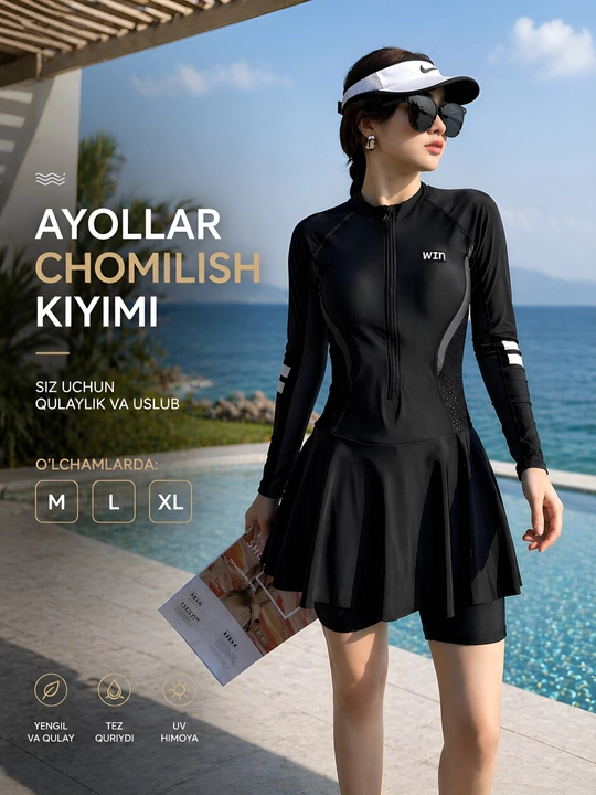 Ayollar uchun yopiq cho‘milish kiyimi (sport uslub) yubkali, uzun yengli - 