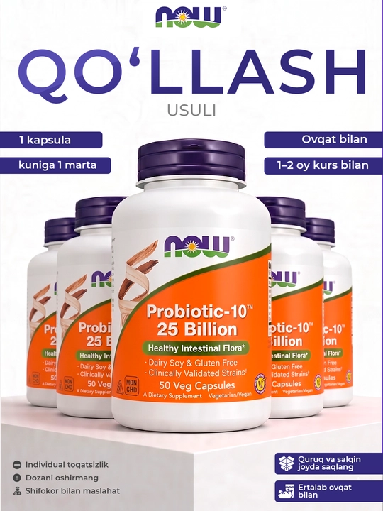 Probiotik NOW Foods Probiotic-10, 25 mlrd, 50 kapsula – ichaklar salomatligi