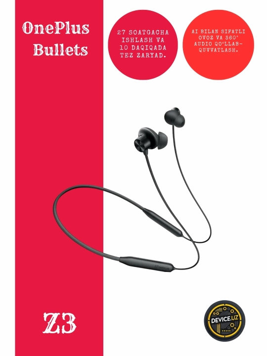 Беспроводные наушники OnePlus Bullets Wireless Z3, Bluetooth 5.4, до 27 ч, быстрая зарядка - 