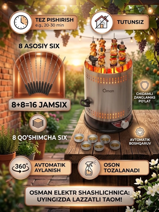 Elektr shashlik pishirgichi Osman OS-08 8+8 shashlik pishirgich - 