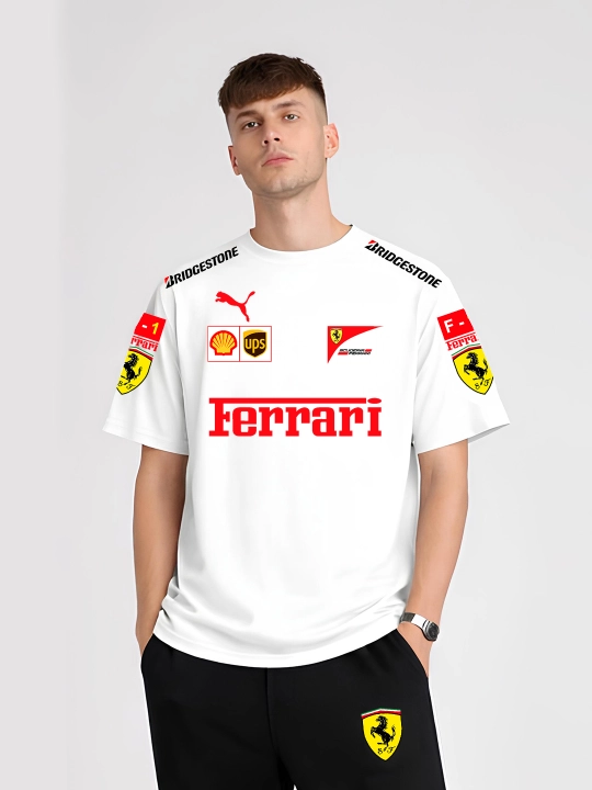 Erkaklar uchun oversize paxta futbolka BMW, Ferrari avtosport printlari bilan, har kunlik