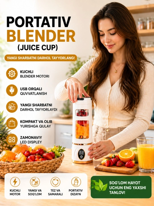 Portativ mini blender (Juice Cup), USB, LED displey, smuzi uchun